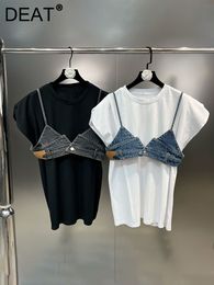 Womens T-shirt Deat Loose Vest Two-piece Set Women Causal Solid Colour Short Sleeve Tops Trend Denim Sling Summer 11xx3300 230603