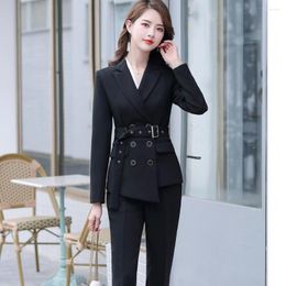 Women's Two Piece Pants Women Pant Suit With Belt Red White Black Pieces Set Triple Breasted Blazer Trouser For Winter