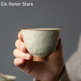 Teaware 2pc/set 70ml Retro Honey Glaze Art Ceramic Tea Cup Embossed Tangled Lotus Small Master Cup Household Kung Fu Tea Drinkware Tool