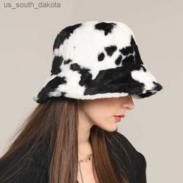 Cute Cow Print Thicken Warm Women Bucket Hat Soft Fluffy Plush Panama Caps Outdoor Windproof Lady Girl Furly Fisherman Hat L230523