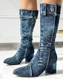 Boots Women Fashion Denim Mid Calf Boots Shoes Side Zipper Blue Casual Fashion Sexy Chunky Heeled Autumn Design Shoes Z0605