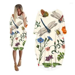 Casual Dresses For Women 2023 Printed Dragonfly Floral Streetwear Long Sleeve Woman Clothes Plus Size Clothing Midi Female Dress
