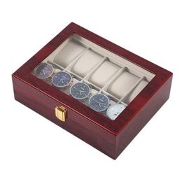 10 Grids Retro Red Wooden Watch Display Case Durable Packaging Holder Jewelry Collection Storage Watch Organizer Box Casket T20052214V