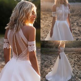 Satin Bohemian Wedding Dress For Brides 2023 Off The Shoulder Lace Halter Boho Bridal Gown With Detachable Sleeves Robe De Mariage