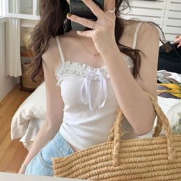 Women's Tanks Cute Crop Top For Women Summer Chic Fashion Camis Floral And Solid Ribbon Lacing Up Ruffles Tops Sweet Girl Kawaii Clothes