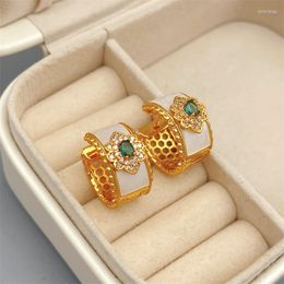 Stud Earrings European And American Retro Inlaid White Fritillary Green Agate Circular Shape Buckle For Women Exquisite