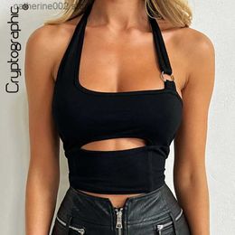 Women's Tanks Camis Cryptographic Irregular Cut Out Hot Sexy Backless Halter Crop Tops Elegant Summer Y2K Slim Tanks Top Cropped Chic Streetwear T230605