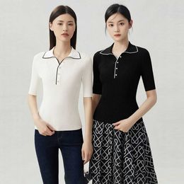 Brother's New 2023 Summer Contrast Polo Neck Vertical Pit Ice Silk Camiseta de manga corta para mujer A301170