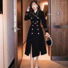 Casual Dresses French Vintage Suit Dress Autumn Temperament Midi Double Breasted Black Women Tailored Collar Belt Party Skirt G359