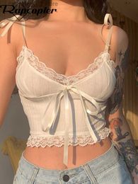 Women's Tanks Camis Rapcopter Y2K Lace Trim Crop Top Aesthetic White Bow Cute Sweet Mini Vest Knitted Basic Casual Tee Women Summer Backless Beach T230605