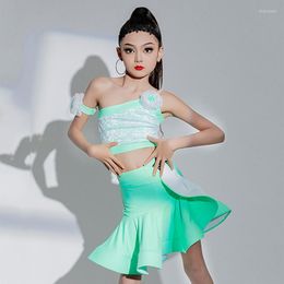 Stage Wear 2023 Girls Latin Dance Costume Mint Green Suit Kids Performance Clothes Rumba Cha Practice Summer BL10678