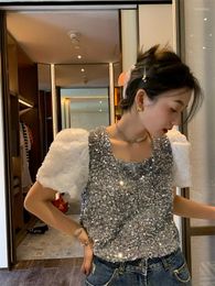 Women's T Shirts Club Full Sequined Silver Short Puff Sleeve Crop Top Sexy Square Collar Shiny Shirt Loose Sweet Korean Women Clothing