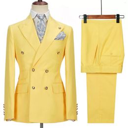 Men's Suits Business Yellow Men Double Breasted Peaked Lapel Groom Wedding Dress Tuxedo Prom Custom Made Blazer 2 Pieces Jacket Pants