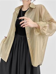 Women's Blouses Summer Rayon 1 Button Design With Sloping Slit At The Back Lapel Shirts Long Sleeve Loose Fit Versatile Tops Thin Chic Coats