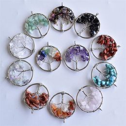 Tree of Life Natural Stone Pink Rose Quartz Opal Fluorite Turquoise Amethyst Charms White Black Crystal Pendants for Necklace Accessories Jewellery Making