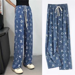 Capris Women's Ice Silk Summer Brushed Jeans Blue Elastic Waist Letter Printing Straight Pants Casual Loose Wide Leg Tights P230605