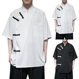 Men's T Shirts Vintage Collar Pure Ice Silk Medium Sleeved Shirt Men'S Tang Style Plate Buckle Casual Hanfu Neck Long Sleeve Mens