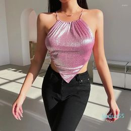 Women's Tanks Sexy Backless Suspender Women's Vest Y2k Aesthetic Glitter Lace Up Bodycon Halter Tops 2023 Summer Lady Chic Streetwear