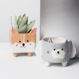 Vases Animal Ceramic Flowerpot Cute Corgi Lamb Vase Cartoon Decor Art Flower Arrangement Home Succulent Potted Decoration 230603