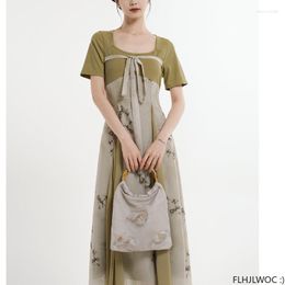 Casual Dresses Bow Tie Shirt Design Women Cute Sweet Japan Mori Girls Patchwork Green Retro Vintage Long Maxi Dress
