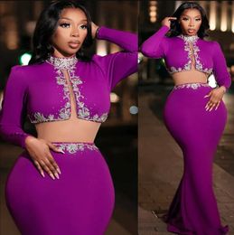 Arabic Aso Ebi Purple Mermaid Prom Dresses with Long Sleeve Silver Beaded Embroidery Black Girl Evening Occasion Gown