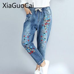 Jeans Flowers Women Jeans Large Size Women's Autumn Casual Embroidery Pants Loose Thin Nine Ripped Pants Jeans for Women