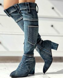 Boots Pocket Design Women Knee High Boots Denim Fashion Zip Pointed Toe Heeled Chunky Casual Boots Autumn Shoes Z0605