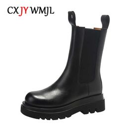 Boots CXJYWMJL Plus Size Genuine Leather Women Chelsea Boots Elastic Band Platform Chimney Boot Ladies Autumn Booties Winter Warm Shoe Z0605