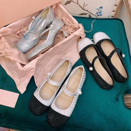 Dress Shoes 2023 Spring Summer Women Pumps Lovely Crystal Decor Mary Janes Genuine Leather Pearl Round Toe Cute Flats