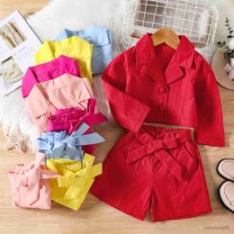 Clothing Sets Kids Girls Spring Autumn Set Long Sleeve Lapel Collar Button Closure Blazer Jacket Top and Shorts Belt Children Outfit