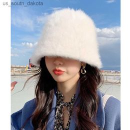 Rabbit Fur Bucket Hat Female Furry Fisherman Hat Korean Version Warm Hat Autumn and Winter Plush Cover Face Sunscreen Hat L230523