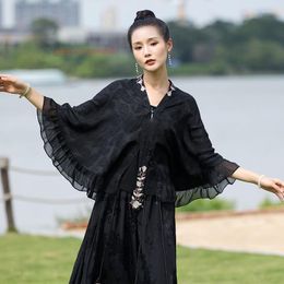 Ethnic Clothing 2023 Traditonal Chinese Chiffon Cardigan Flower Embroidery Women National Tops Hanfu Female Kimonos Outwear Coat