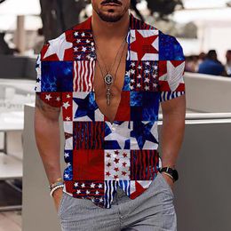 Men's Casual Shirts Mens Fashion And Leisure 3D Digital Printing Button Lapel Independence Day Short Sleeve 70s Style Men Apparel T Shirt