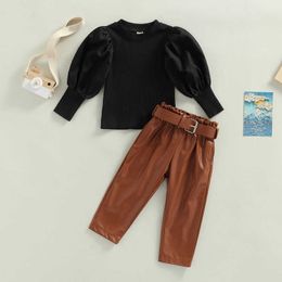 Clothing Sets Children Girl Fall Winter Puff Long Sleeve Tops and PU Leather Pants Belt Clothes