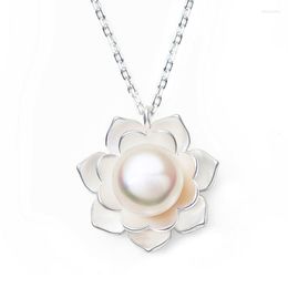 Chains Fashion Silver Plated Jewelry Pearl Flower Pendant Necklace Colorful. Brilliant Luster Female Lotus Clavicle Bone