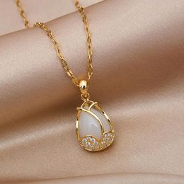 Pendant Necklaces Tulip Flower Necklace Titanium Steel Anniversary Women Rhinestones Party