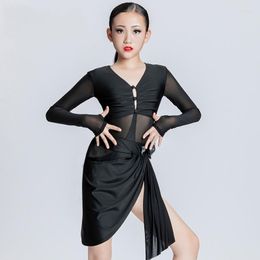 Stage Wear Girls Latin Dance Costumes Black Mesh Sleeves Top Bevelled Skirt Ballroom Competition Clothes Practise Dresses SL7640
