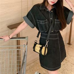 Work Dresses Hsa Women Y2K Clothes 2023 Turn Down Collar Short Sleeve Jeans Blouse And Skirts High Waist Irregular Chic Style Bodycon