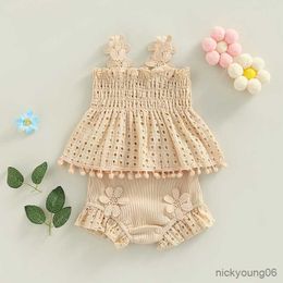 Clothing Sets Baby Girls Summer Flower Strap Sleeveless Hollow Out Tassel Ruffles Tops and Ribbed Knitted Shorts Casual Outfits