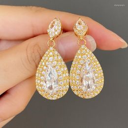 Dangle Earrings Bridal Wedding Gold Colour Pear Cubic Zirconia Fashion Trendy Women's Drop Engagement Jewellery