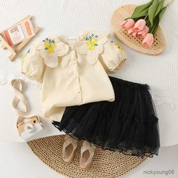 Clothing Sets Summer Children girls embroidered flower short-sleeved shirt Blouse Tops and skirt two-piece suits Kids clothing set