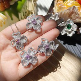 Necklace Earrings Set Brilliant Sweet Dynamic Peach Powder Cubic Zirconia Flower Jewellery For Women's Engagement Party Fashion Gift