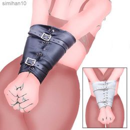 BDSM Restraint Adjustable Leather Back Bondage Armbinder Wrist s Hands Single Gloves Arm Binder Strap Adult Game Sex Toy L230518