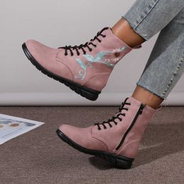 Boots New Women Leather Boots Autumn Winter European American Lace Up Coarse Heel Large Size 35-43 Low Boots Women Non-slip Z0605