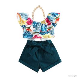 Clothing Sets Girls Summer Set Floral Printed Ruffle Metal Chain Halter Off Shoulder Tops and High Waist Shorts Belt