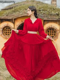 Casual Dresses Spring Autumn Women Long Red Fairy Dress Hooded Bohemian Desert Travel Holiday Maxi Ruffles Stylish For Pography