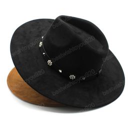 Suede 9.5CM Wide Brim Fedora Hat for Women Men Church Jazz Hats Wedding Party Dress Cap