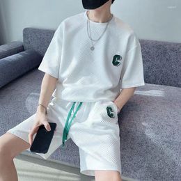 Men's Tracksuits Casual Waffle Harajuku Fashion Suit Men Women Summer Oversize Korean Short-sleeved T-shirt Shorts Letter Embroidery 2pcs