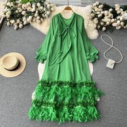 Casual Dresses For Women 2023 Feather Tassel Patchwork Chic Vestidos De Mujer Chiffon French Style Dress Female Long-sleeved Dropship