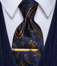 Bow Ties Floral Paisley Mens Necktie Cravat Collar Clip Set Navy Blue Gold Silk Tie For Men Business Party Drop Corbata Azul Gift